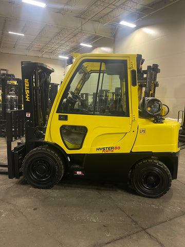2017 HYSTER H80FT 8000 LB LP GAS FORKLIFT PNEUMATIC 90/121" 2 STAGE FULL FREE LIFT MAST ONLY 1,619 HOURS SIDE SHIFTING FORK POSITIONER STOCK # BF9231189-BUF - United Lift Equipment LLC