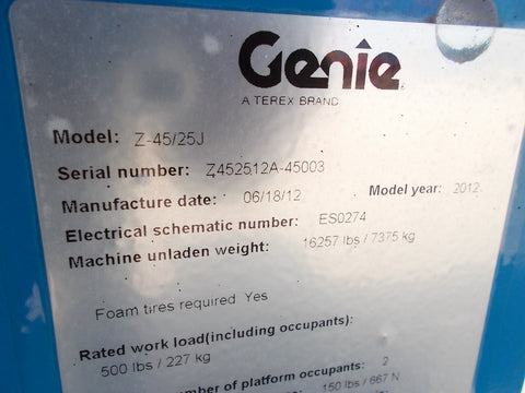 2012 GENIE Z-45/25J 500 LBS ELECTRIC 45 FT. PNEUMATIC ARTICULATING